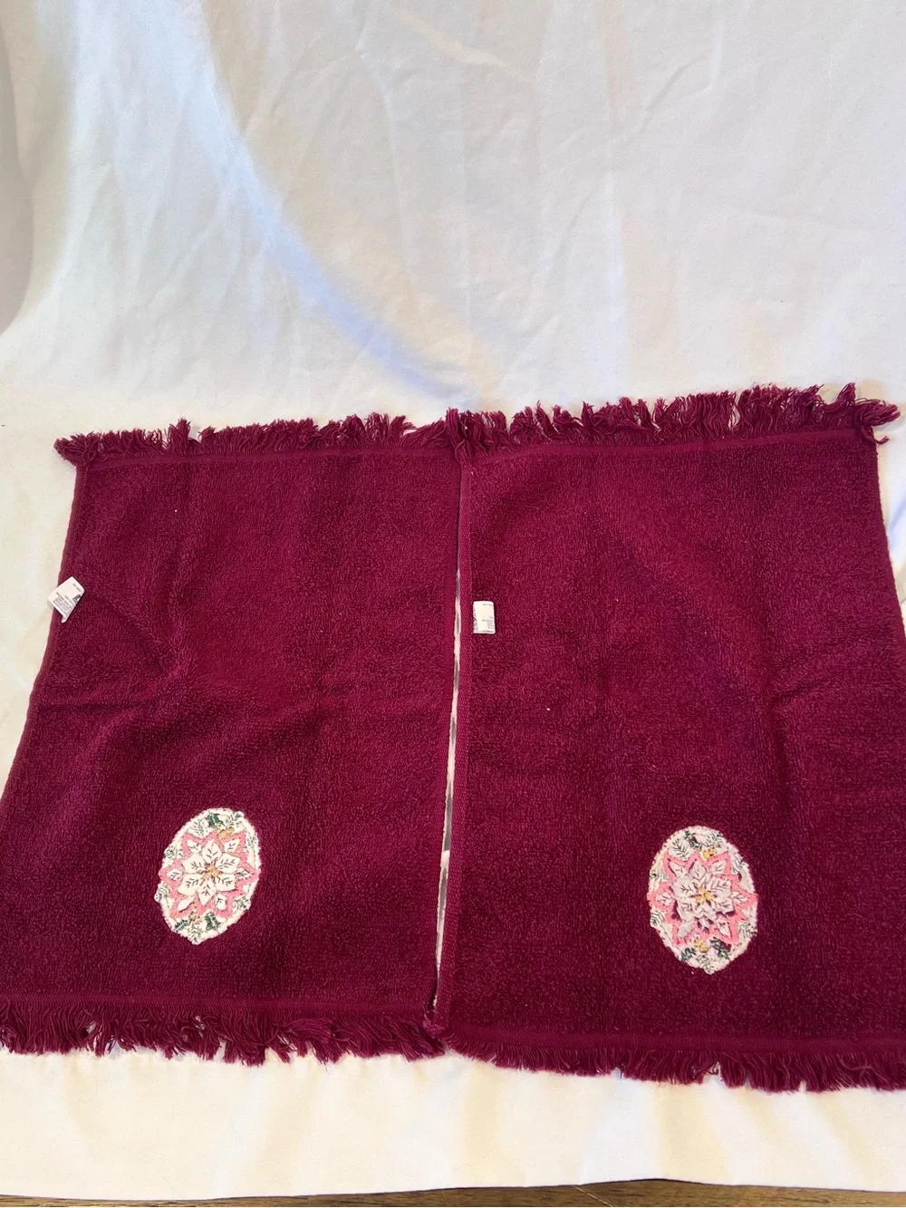 Vintage Burgundy Poinsettia Embroidered Hand Towels Set of 2 USA